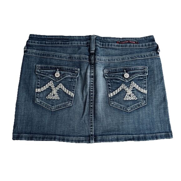 Vigoss Denim Mini Skirt 11 (32x13.5) Blue Distress Embroidered Stretch Juniors - Picture 3 of 7